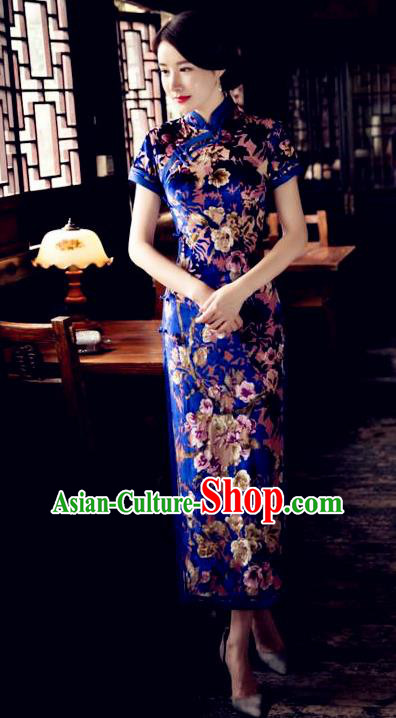 Chinese Traditional Elegant Royalblue Pleuche Cheongsam National Costume Long Qipao Dress for Women