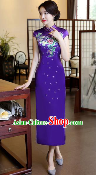 Chinese Traditional Elegant Purple Silk Cheongsam National Costume Printing Qipao Dress for Women