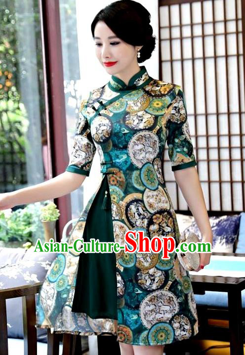 Chinese Traditional Elegant Green Watered Gauze Cheongsam National Costume Printing Qipao Dress for Women