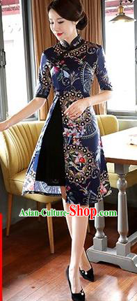 Chinese Traditional Elegant Blue Watered Gauze Cheongsam National Costume Printing Qipao Dress for Women