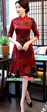 Chinese Traditional Elegant Red Watered Gauze Cheongsam National Costume Printing Qipao Dress for Women