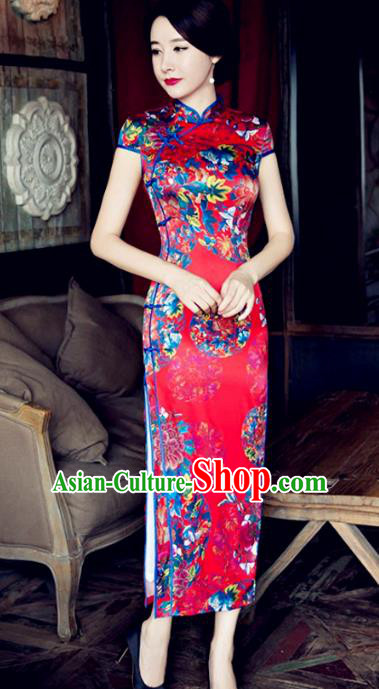 Chinese Traditional Elegant Wedding Silk Cheongsam National Costume Printing Flowers Red Qipao Dress for Women