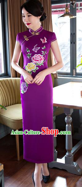 Chinese Traditional Elegant Purple Silk Cheongsam National Costume Retro Printing Peony Butterfly Qipao Dress for Women
