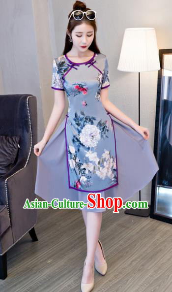 Chinese Traditional Elegant Printing Blue Cheongsam National Costume Retro Qipao Dress for Women