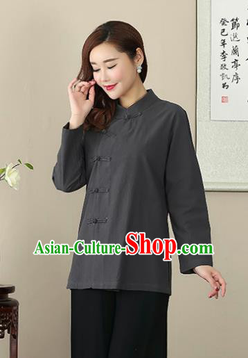 Chinese Traditional National Costume Grey Linen Blouse Tang Suit Qipao Short Shirts for Women