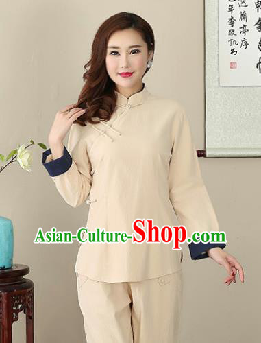 Chinese Traditional National Costume Khaki Linen Blouse Tang Suit Qipao Short Shirts for Women