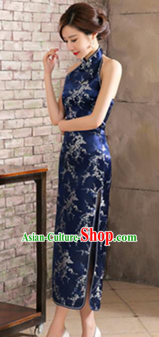 Top Grade Chinese National Costume Elegant Plum Blossom Brocade Cheongsam Tang Suit Navy Qipao Dress for Women