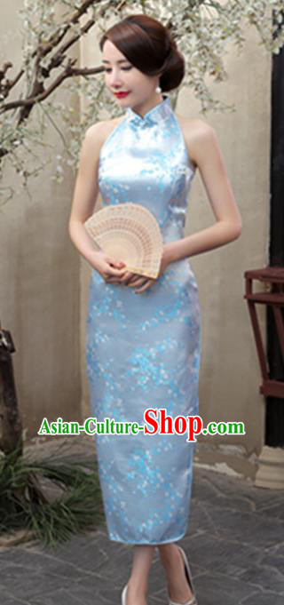 Top Grade Chinese National Costume Elegant Plum Blossom Brocade Cheongsam Tang Suit Blue Qipao Dress for Women