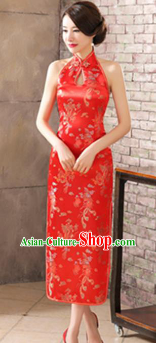 Top Grade Chinese National Costume Elegant Phoenix Brocade Cheongsam Tang Suit Red Qipao Dress for Women