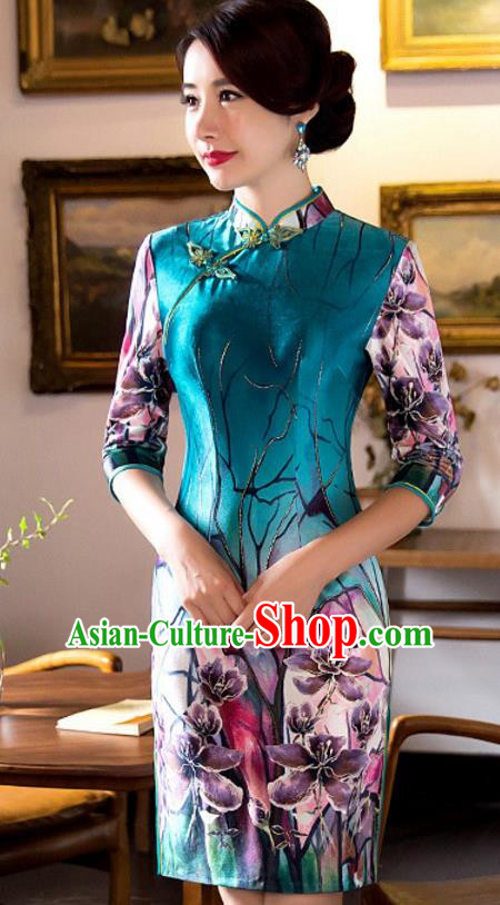 Top Grade Chinese National Costume Elegant Slim Cheongsam Tang Suit Printing Green Qipao Dress for Women