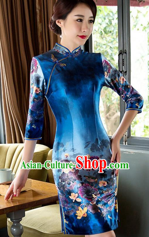 Top Grade Chinese National Costume Elegant Slim Cheongsam Tang Suit Printing Blue Qipao Dress for Women