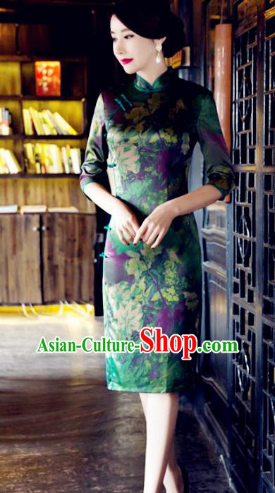 Top Grade Chinese National Costume Tang Suit Short Green Qipao Dress Elegant Printing Cheongsam for Women