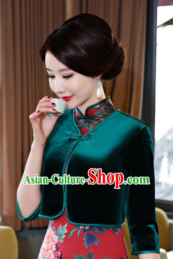 Chinese Traditional National Costume Green Velvet Blouse Tang Suit Qipao Tippet for Women