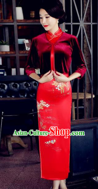 Chinese Traditional National Costume Red Velvet Blouse Tang Suit Qipao Tippet for Women