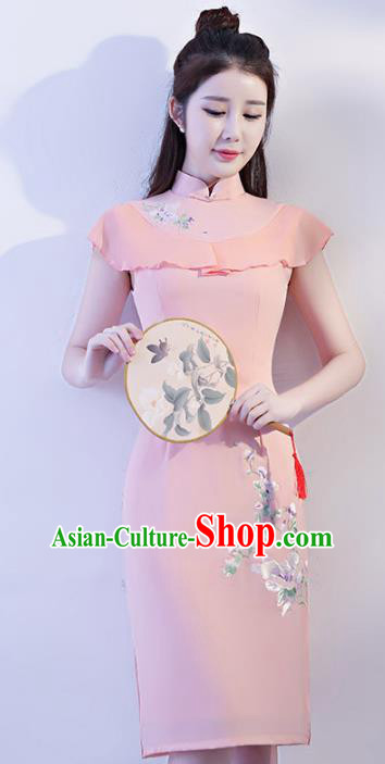 Chinese Traditional Elegant Stand Collar Cheongsam National Costume Pink Qipao Dress for Women
