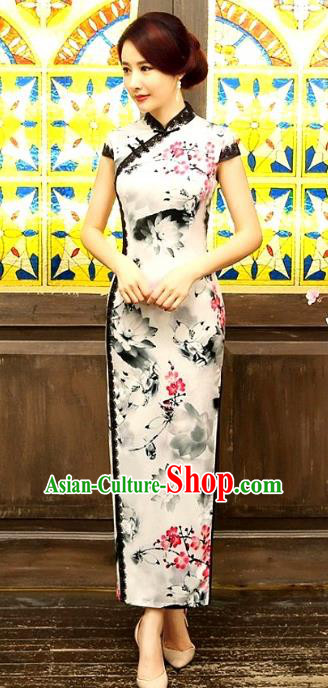 Chinese Traditional Elegant Ink Painting Lotus Cheongsam National Costume Qipao Dress for Women