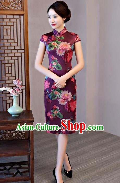 Chinese Traditional Elegant Cheongsam Top Grade Purple Silk Full Dress National Costume Retro Printing Qipao for Women