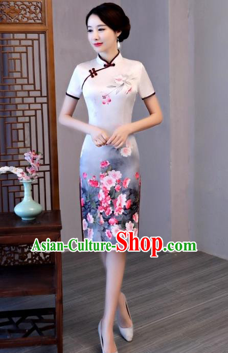 Chinese Traditional Elegant Cheongsam Top Grade White Silk Full Dress National Costume Retro Printing Qipao for Women