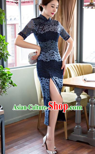 Chinese Traditional National Costume Elegant Cheongsam Blue Lace Qipao Dress for Women