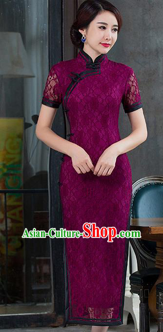 Chinese Traditional National Costume Elegant Amaranth Lace Cheongsam Qipao Dress for Women
