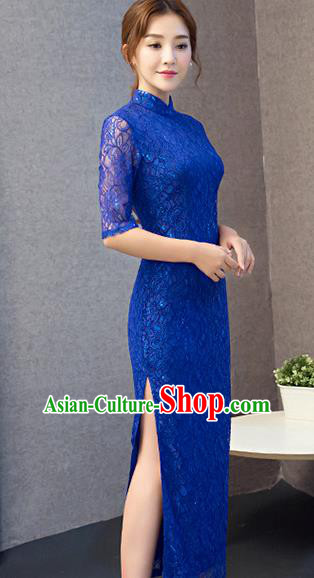 Chinese Traditional National Costume Elegant Blue Lace Cheongsam Qipao Dress for Women