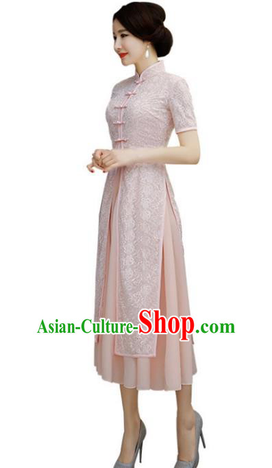 Chinese Traditional National Costume Elegant Embroidered Pink Lace Cheongsam Qipao Dress for Women