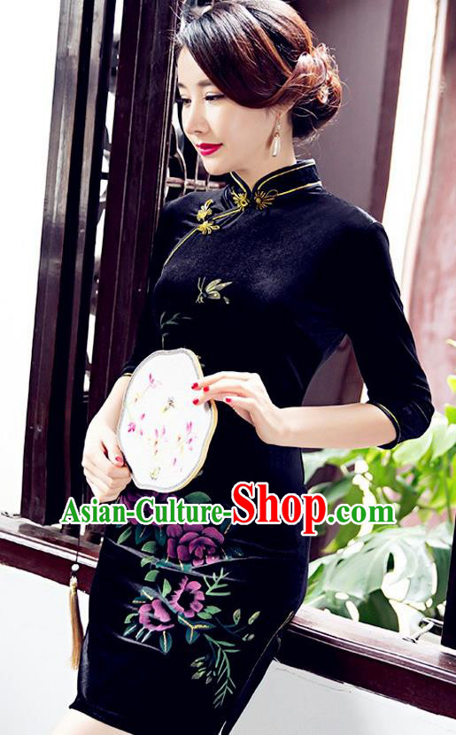 Top Grade Chinese National Costume Elegant Navy Velvet Cheongsam Tang Suit Qipao Dress for Women