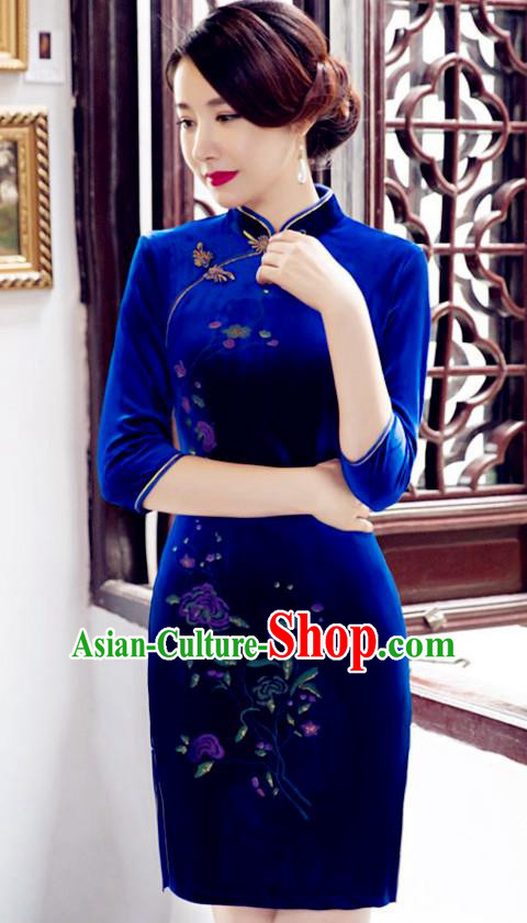 Top Grade Chinese National Costume Elegant Royalblue Velvet Cheongsam Tang Suit Qipao Dress for Women