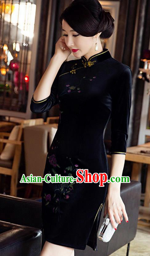 Top Grade Chinese National Costume Elegant Black Velvet Cheongsam Tang Suit Qipao Dress for Women