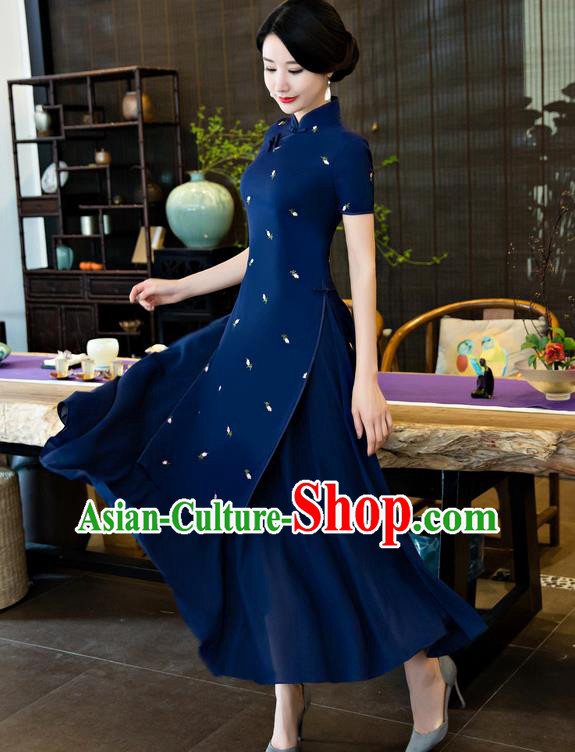 Top Grade Chinese National Costume Elegant Cheongsam Tang Suit Navy Qipao Dress for Women