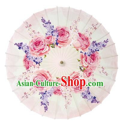 Chinese Handmade Paper Umbrella Folk Dance Hand Printing Rose Pink Oil-paper Umbrella Yangko Umbrella