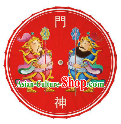 Chinese Traditional Artware Printing Door-god Umbrella Classical Dance Red Oil-paper Umbrella Handmade Umbrella