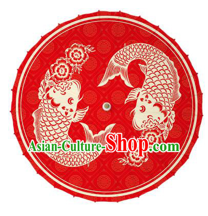 Chinese Traditional Artware Printing Carps Umbrella Classical Dance Red Oil-paper Umbrella Handmade Umbrella