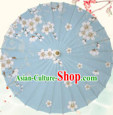 Chinese Traditional Artware Blue Paper Umbrella Classical Dance Printing Peach Blossom Oil-paper Umbrella Handmade Umbrella