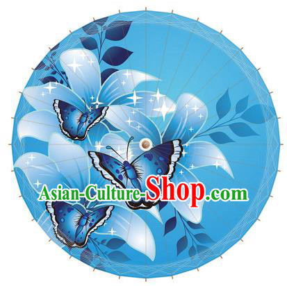 Chinese Traditional Artware Paper Umbrella Printing Butterfly Blue Oil-paper Umbrella Handmade Umbrella