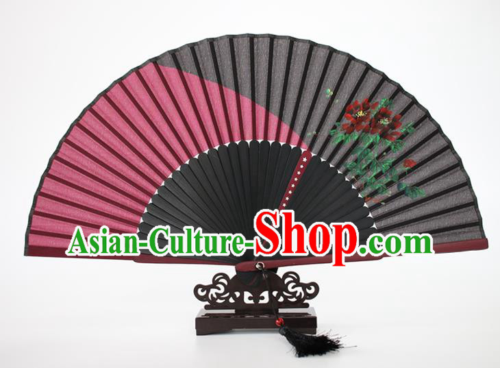 Chinese Traditional Artware Handmade Folding Fans Rosy Silk Fans Printing Flowers Accordion