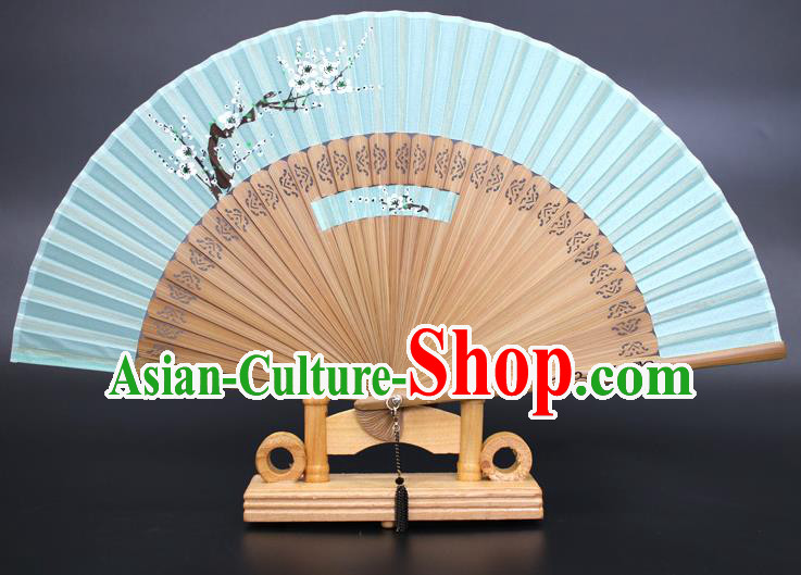 Chinese Traditional Artware Handmade Folding Fans Printing Plum Blossom Green Silk Fans Accordion