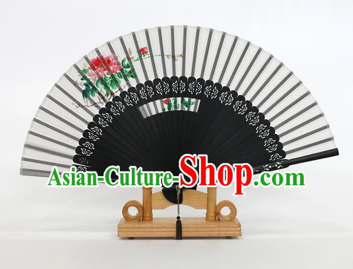 Chinese Traditional Artware Handmade Folding Fans Printing Flowers White Silk Fans Accordion