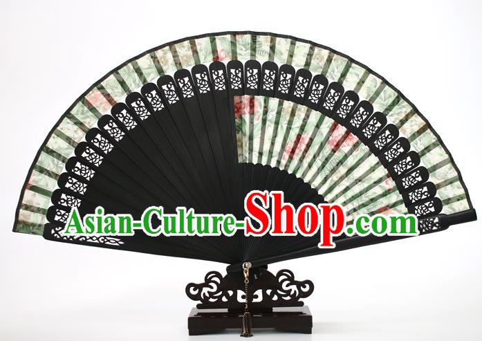 Chinese Traditional Artware Handmade Printing Folding Fans Green Silk Fans Accordion