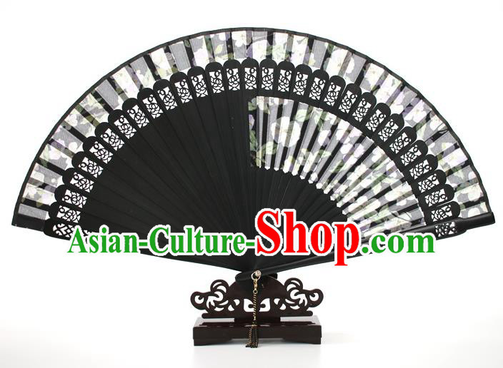 Chinese Traditional Artware Handmade Printing Folding Fans Black Silk Fans Accordion