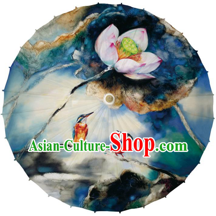 Chinese Traditional Artware Dance Umbrella Printing Lotus Blue Paper Umbrellas Oil-paper Umbrella Handmade Umbrella