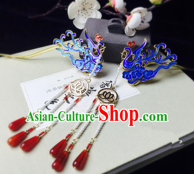 Chinese Handmade Classical Hair Accessories Hairpin Blueing Phoenix Hair Stick Hanfu Hairpins for Women