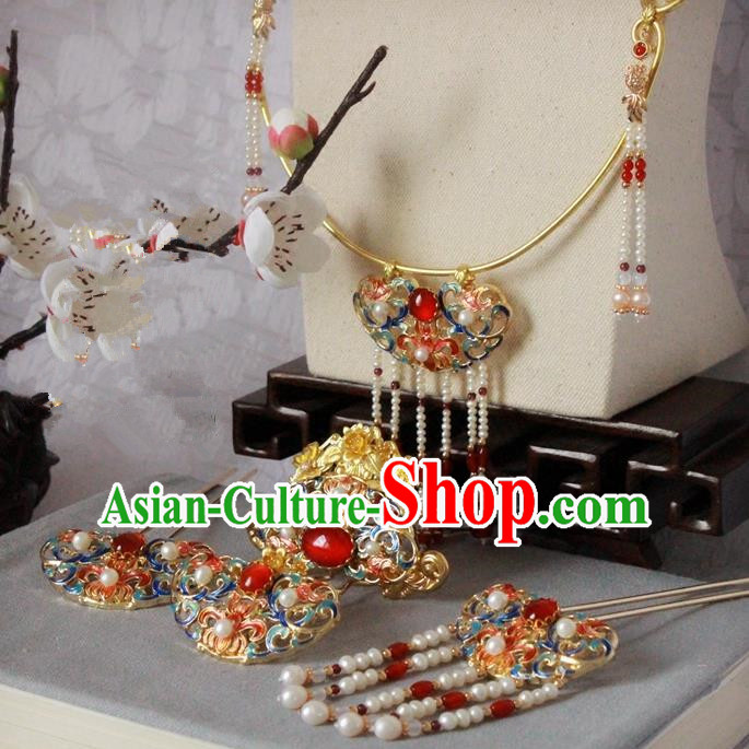 Chinese Handmade Classical Accessories Princess Blueing Necklace and Hairpins Complete Set for Women