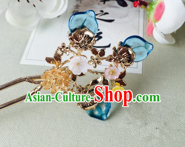 Chinese Handmade Classical Hair Accessories Wedding Shell Flowers Hair Stick Blue Hairpins for Women