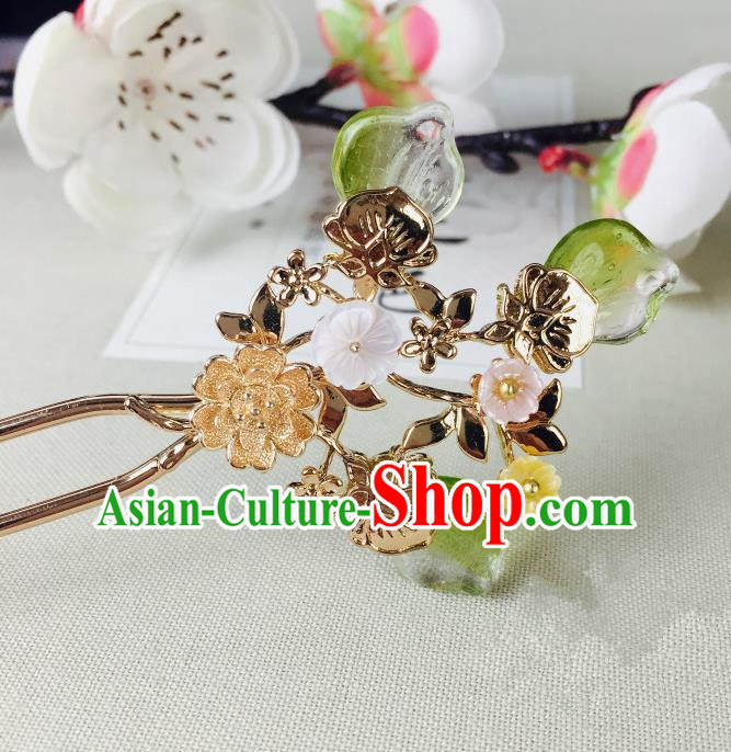 Chinese Handmade Classical Hair Accessories Wedding Shell Flowers Hair Stick Green Hairpins for Women