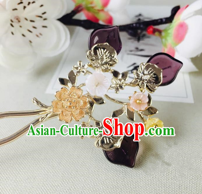 Chinese Handmade Classical Hair Accessories Wedding Shell Flowers Hair Stick Purple Hairpins for Women