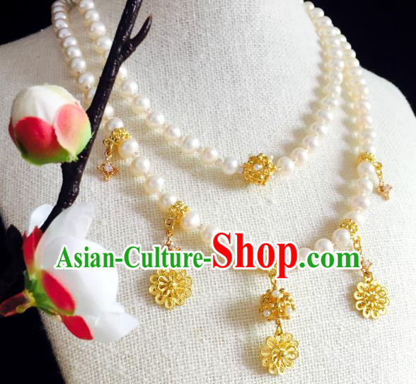 Chinese Handmade Classical Wedding Accessories Princess Golden Tassel Necklace Hanfu Pearls Necklet for Women