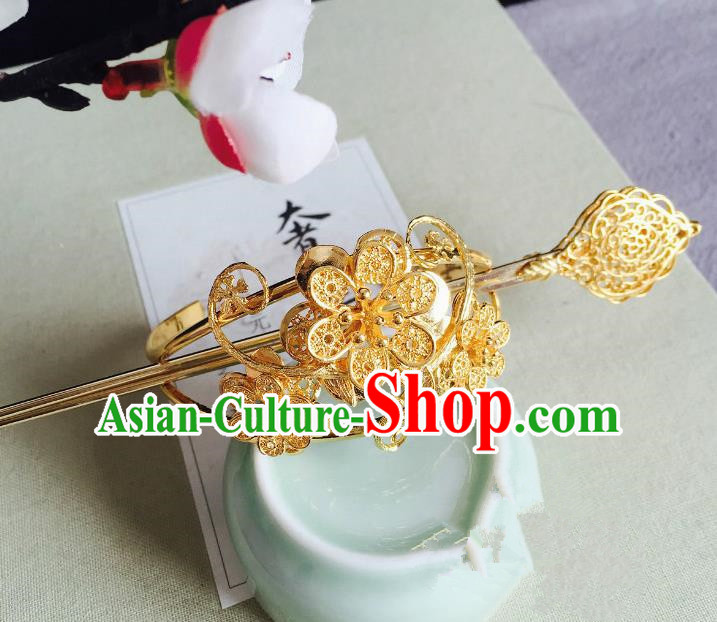 Chinese Handmade Classical Hair Accessories Golden Flowers Hairdo Crown Hairpins Hair Stick for Women
