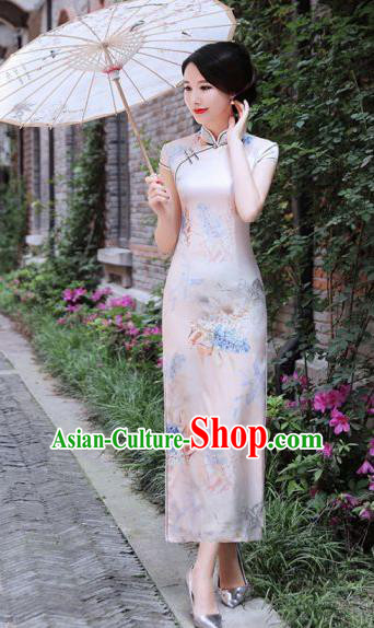 Chinese Traditional Mandarin Silk Qipao Dress National Costume Printing White Long Cheongsam for Women