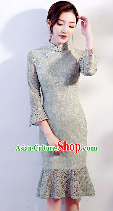 Chinese Traditional Mandarin Qipao Dress National Costume Grey Lace Cheongsam for Women